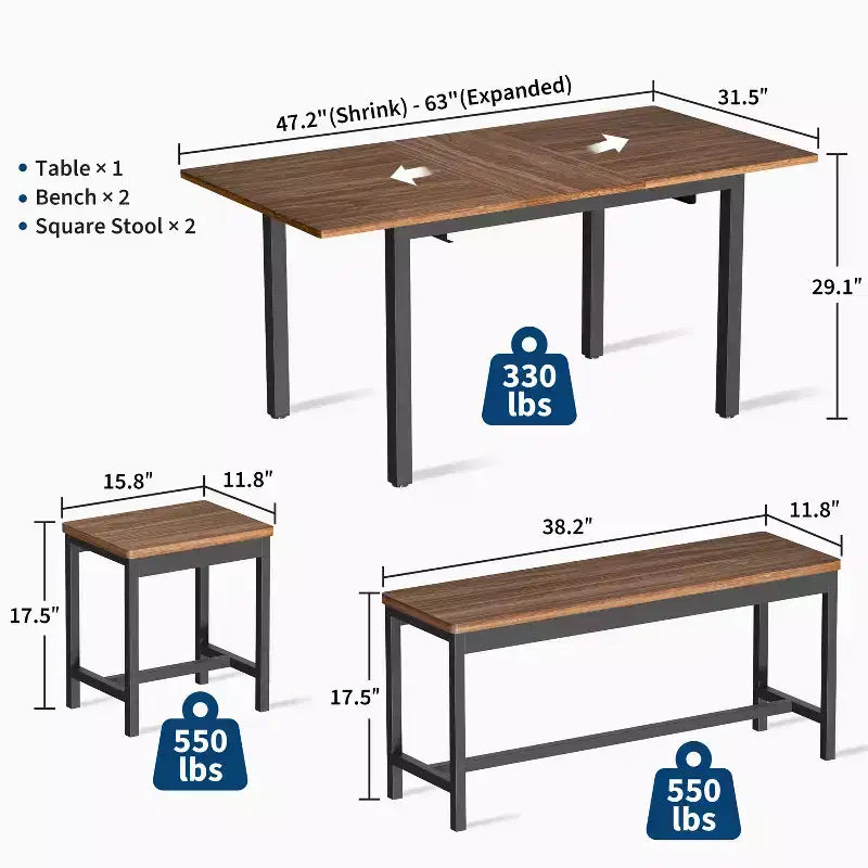 Ensemble de salle à manger extensible 5 pièces pour 4 à 8 personnes, 2 bancs et 2 tabourets, meubles de salle à manger modernes, montage facile