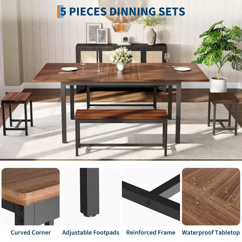 Ensemble de salle à manger extensible 5 pièces pour 4 à 8 personnes, 2 bancs et 2 tabourets, meubles de salle à manger modernes, montage facile