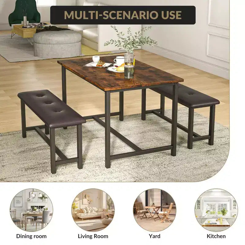 Ensemble table à manger pour 4, petit ensemble de table de cuisine, table de cuisine moderne industrielle en bois, 2 bancs rembourrés, cadre en métal, pour salon