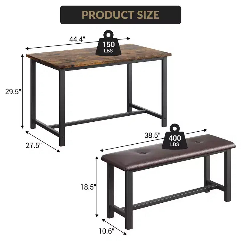 Ensemble table à manger pour 4, petit ensemble de table de cuisine, table de cuisine moderne industrielle en bois, 2 bancs rembourrés, cadre en métal, pour salon