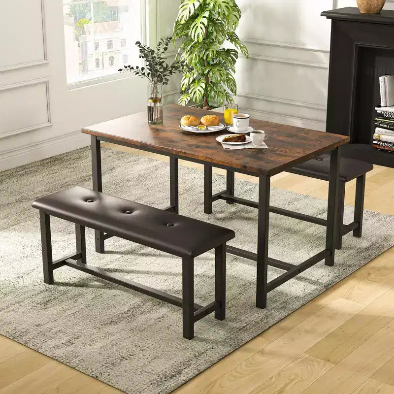 Ensemble table à manger pour 4, petit ensemble de table de cuisine, table de cuisine moderne industrielle en bois, 2 bancs rembourrés, cadre en métal, pour salon