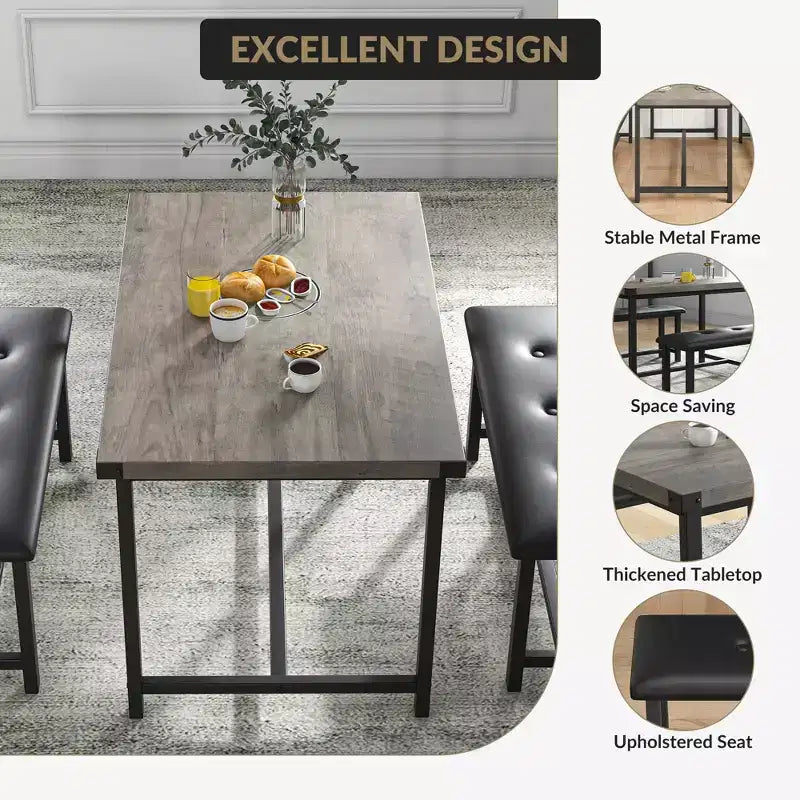Ensemble table à manger pour 4, petit ensemble de table de cuisine, table de cuisine moderne industrielle en bois, 2 bancs rembourrés, cadre en métal, pour salon