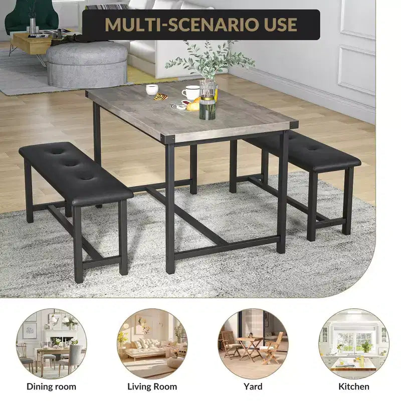 Ensemble table à manger pour 4, petit ensemble de table de cuisine, table de cuisine moderne industrielle en bois, 2 bancs rembourrés, cadre en métal, pour salon