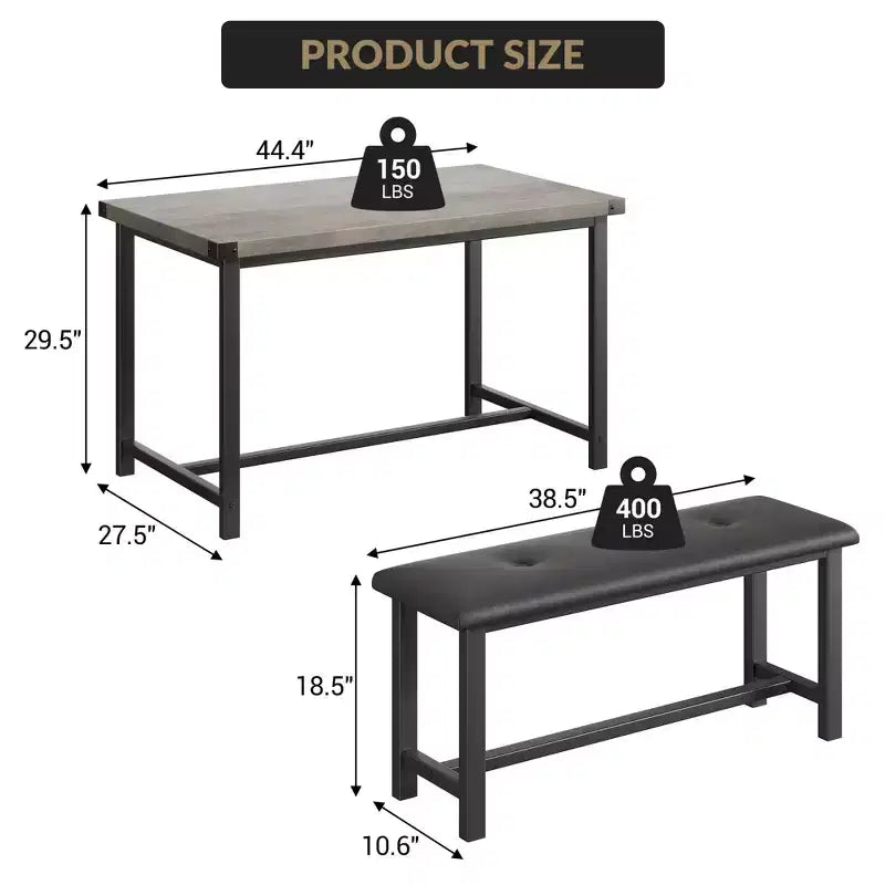 Ensemble table à manger pour 4, petit ensemble de table de cuisine, table de cuisine moderne industrielle en bois, 2 bancs rembourrés, cadre en métal, pour salon