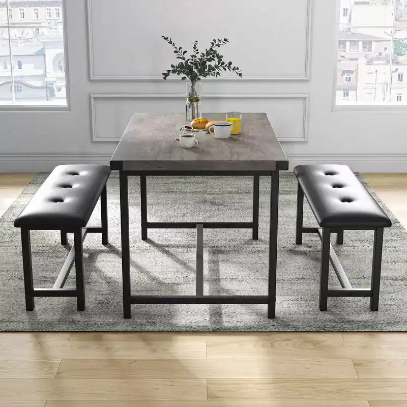 Ensemble table à manger pour 4, petit ensemble de table de cuisine, table de cuisine moderne industrielle en bois, 2 bancs rembourrés, cadre en métal, pour salon