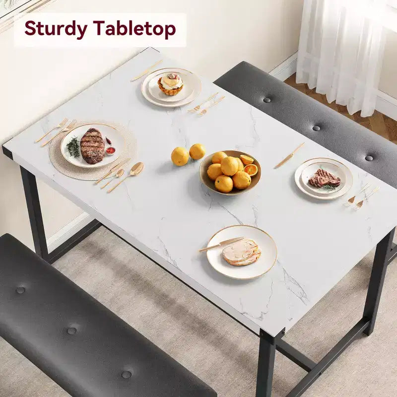 Ensemble table à manger pour 4, petit ensemble de table de cuisine, table de cuisine moderne industrielle en bois, 2 bancs rembourrés, cadre en métal, pour salon
