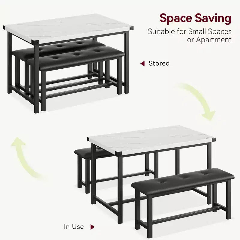 Ensemble table à manger pour 4, petit ensemble de table de cuisine, table de cuisine moderne industrielle en bois, 2 bancs rembourrés, cadre en métal, pour salon