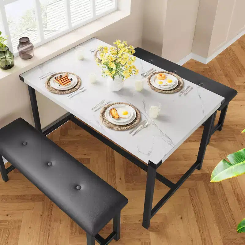 Ensemble table à manger pour 4, petit ensemble de table de cuisine, table de cuisine moderne industrielle en bois, 2 bancs rembourrés, cadre en métal, pour salon