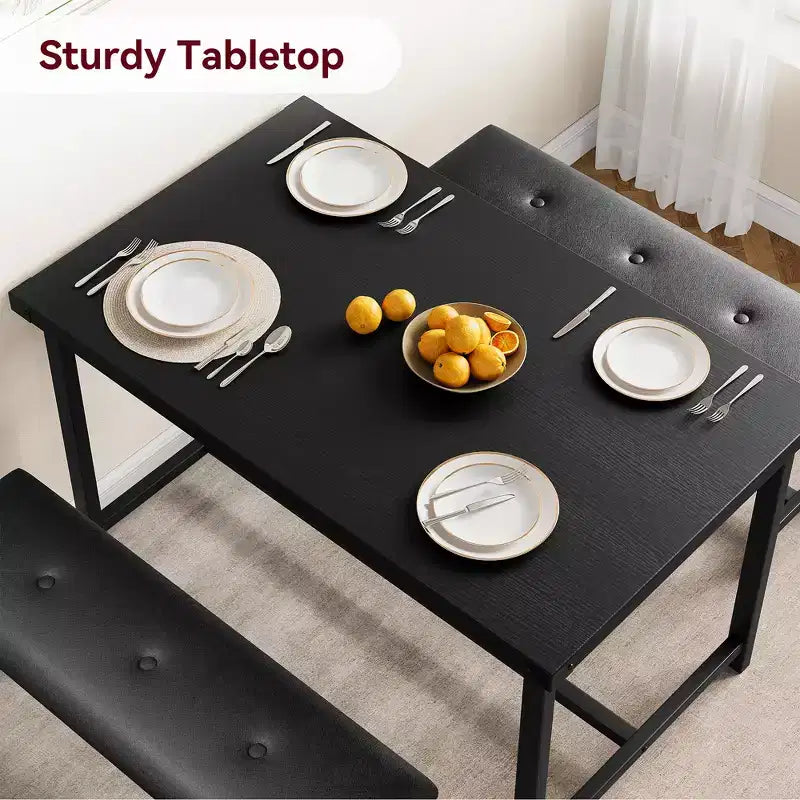 Ensemble table à manger pour 4, petit ensemble de table de cuisine, table de cuisine moderne industrielle en bois, 2 bancs rembourrés, cadre en métal, pour salon