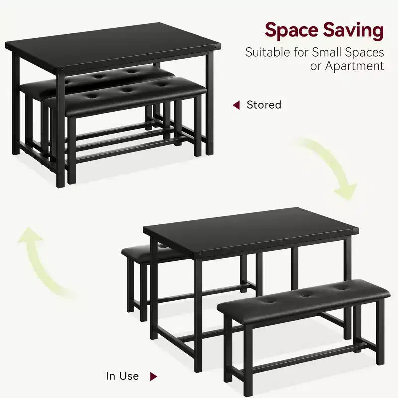 Ensemble table à manger pour 4, petit ensemble de table de cuisine, table de cuisine moderne industrielle en bois, 2 bancs rembourrés, cadre en métal, pour salon