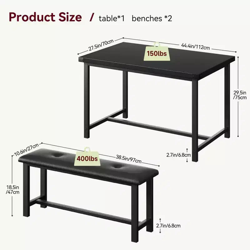 Ensemble table à manger pour 4, petit ensemble de table de cuisine, table de cuisine moderne industrielle en bois, 2 bancs rembourrés, cadre en métal, pour salon