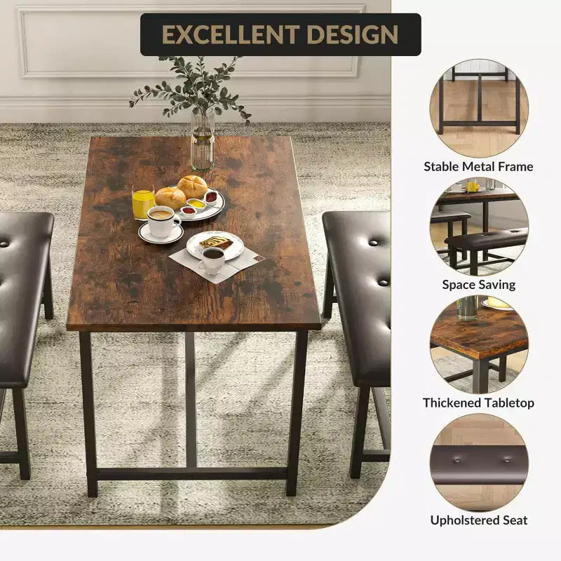 Ensemble table à manger pour 4, petit ensemble de table de cuisine, table de cuisine moderne industrielle en bois, 2 bancs rembourrés, cadre en métal, pour salon