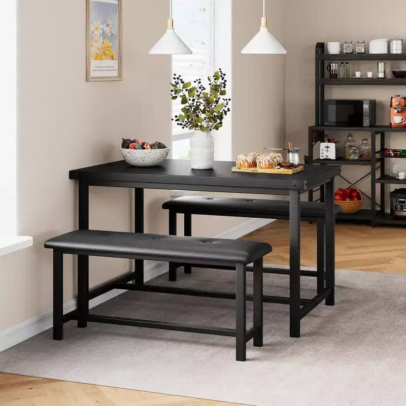 Dining Table Set for 4, Small Kitchen Table Set, Modern Industrial Wooden Kitchen Table, 2 Upholstered Bench, Metal Frame, for Living Room