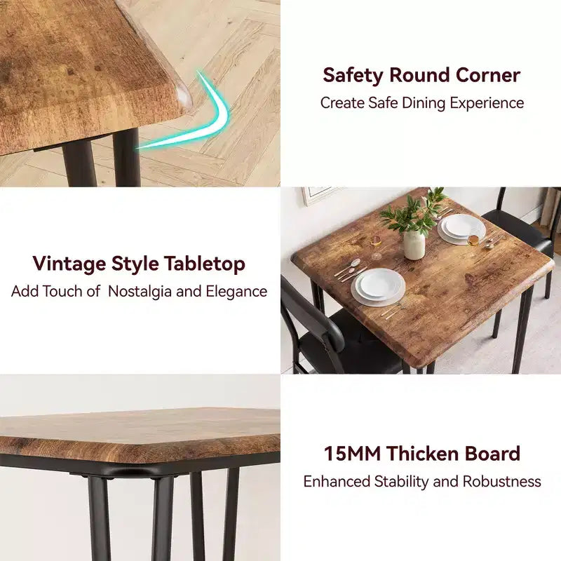 Ensemble de salle à manger 3 pièces, ensemble de table de salle à manger de cuisine pour, table carrée, cadre en métal, panneau MDF, chaises rembourrées, assemblage facile