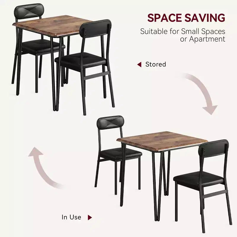 Ensemble de salle à manger 3 pièces, ensemble de table de salle à manger de cuisine pour, table carrée, cadre en métal, panneau MDF, chaises rembourrées, assemblage facile
