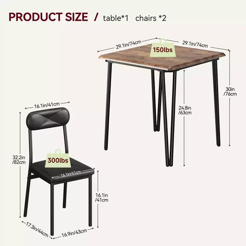 Ensemble de salle à manger 3 pièces, ensemble de table de salle à manger de cuisine pour, table carrée, cadre en métal, panneau MDF, chaises rembourrées, assemblage facile
