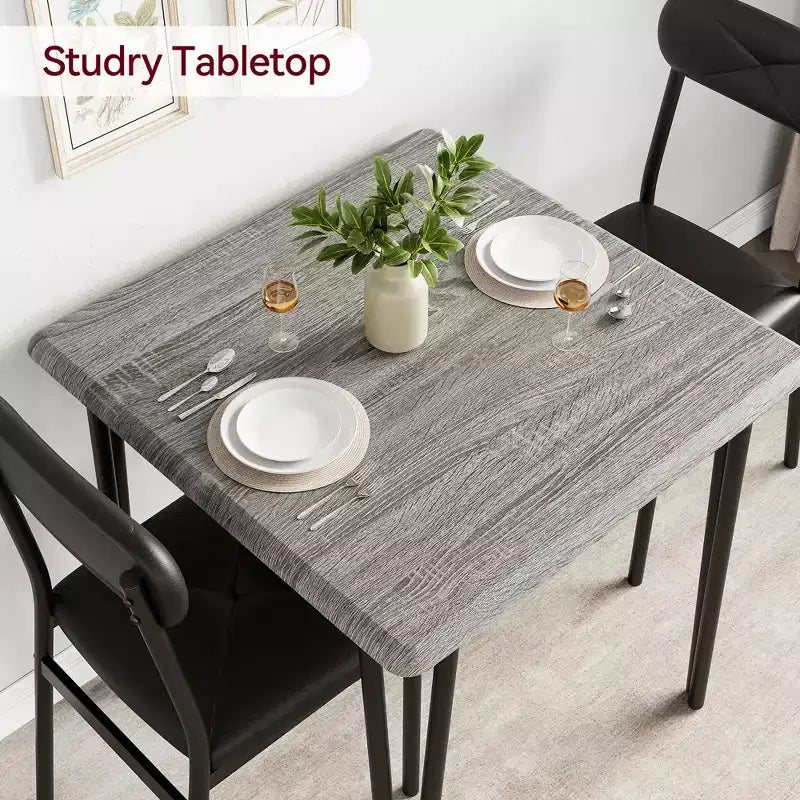 Ensemble de salle à manger 3 pièces, ensemble de table de salle à manger de cuisine pour, table carrée, cadre en métal, panneau MDF, chaises rembourrées, assemblage facile