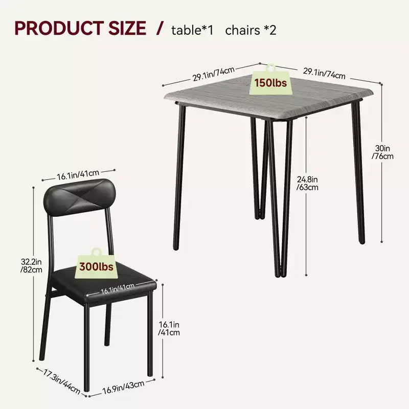 Ensemble de salle à manger 3 pièces, ensemble de table de salle à manger de cuisine pour, table carrée, cadre en métal, panneau MDF, chaises rembourrées, assemblage facile