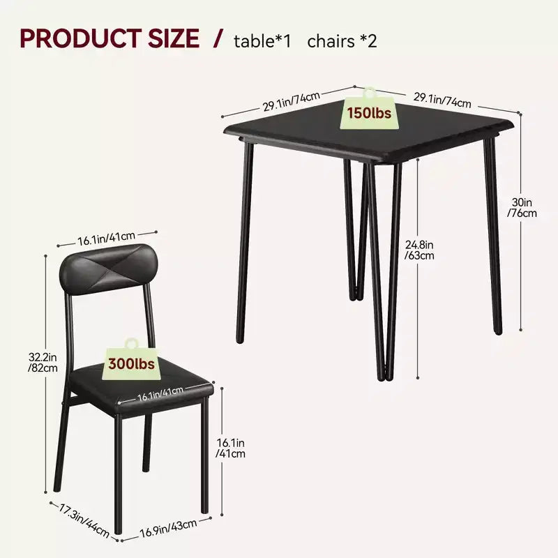 Ensemble de salle à manger 3 pièces, ensemble de table de salle à manger de cuisine pour, table carrée, cadre en métal, panneau MDF, chaises rembourrées, assemblage facile