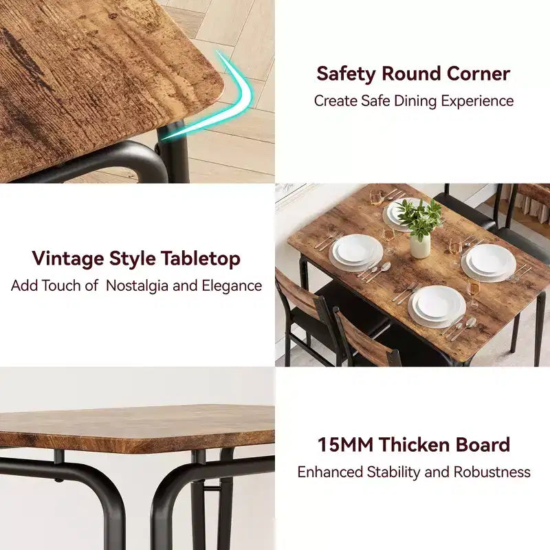 Ensemble de table à manger 5 pièces, pour 4 personnes, table carrée, cadre en métal, panneau MDF, chaises rembourrées, montage facile, pour la maison