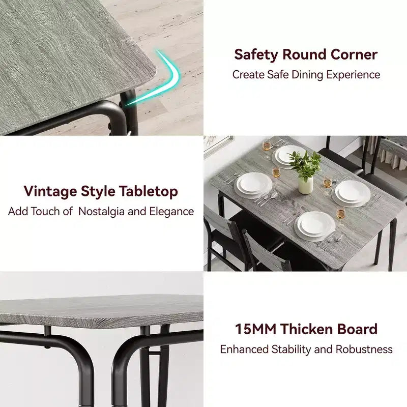 Ensemble de table à manger 5 pièces, pour 4 personnes, table carrée, cadre en métal, panneau MDF, chaises rembourrées, montage facile, pour la maison