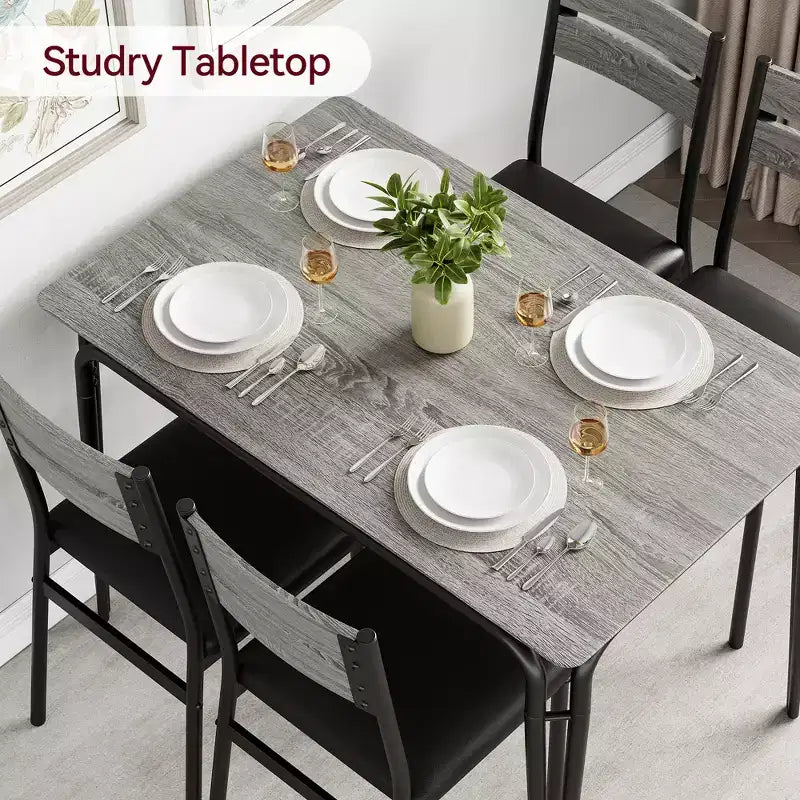 Ensemble de table à manger 5 pièces, pour 4 personnes, table carrée, cadre en métal, panneau MDF, chaises rembourrées, montage facile, pour la maison