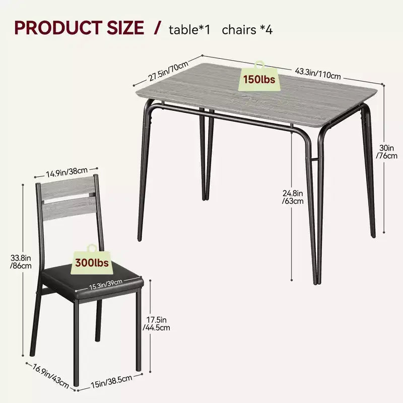 Ensemble de table à manger 5 pièces, pour 4 personnes, table carrée, cadre en métal, panneau MDF, chaises rembourrées, montage facile, pour la maison