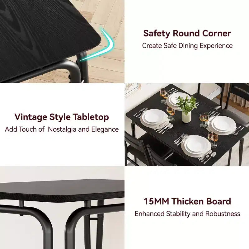 Ensemble de table à manger 5 pièces, pour 4 personnes, table carrée, cadre en métal, panneau MDF, chaises rembourrées, montage facile, pour la maison