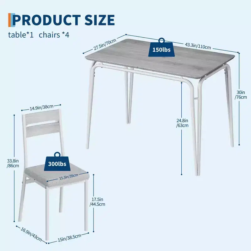 Ensemble de table à manger 5 pièces, pour 4 personnes, table carrée, cadre en métal, panneau MDF, chaises rembourrées, montage facile, pour la maison