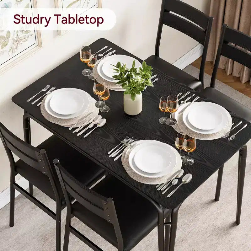 Ensemble de table à manger 5 pièces, pour 4 personnes, table carrée, cadre en métal, panneau MDF, chaises rembourrées, montage facile, pour la maison