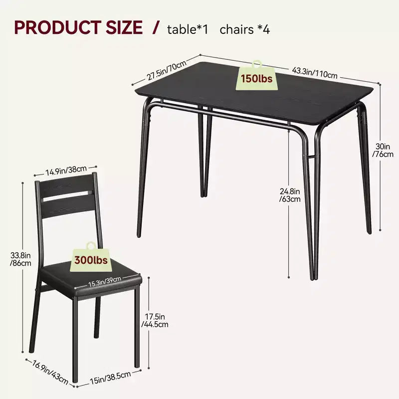 Ensemble de table à manger 5 pièces, pour 4 personnes, table carrée, cadre en métal, panneau MDF, chaises rembourrées, montage facile, pour la maison