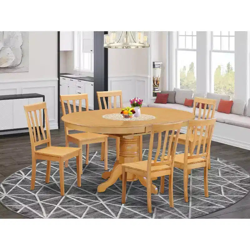 Table de salle à manger ovale 7 pièces avec plateau en bois massif finition chêne naturel et 6 chaises avec