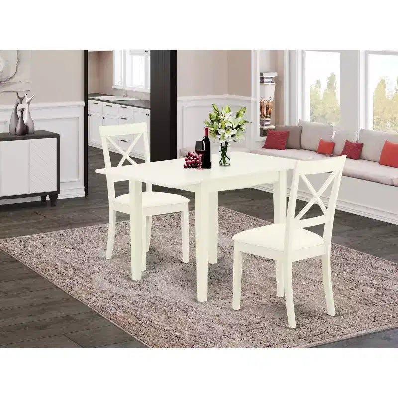 HomeStock – Ensemble de salle à manger 3 pièces en bois massif avec dessus en lin blanc