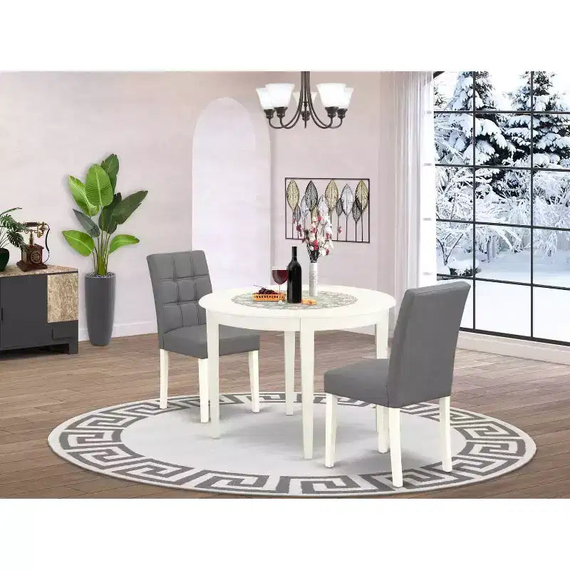 Ensemble de salle à manger 3 pièces HomeStock avec table ronde plateau bois massif finition blanc lin - 2 places