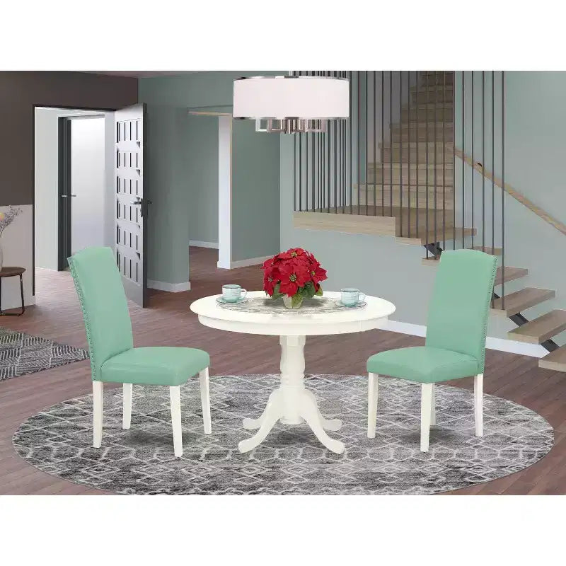 Ensemble table à manger ronde 3 pièces - Table de 42 po et 2 chaises Parsons - Cuir PU moderne et pieds blancs en lin