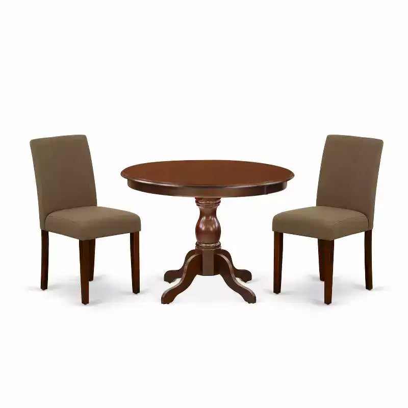 3-Piece Mahogany Finish Solid Wood Top-Dining Room Set with High Back-Seats 4