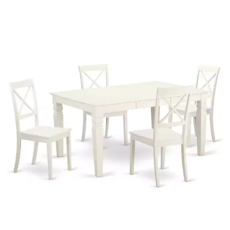 5 Piece Dinette Set - Rectangle Table with Leaf & 4 Chairs - 42x60 Inch - Linen White
