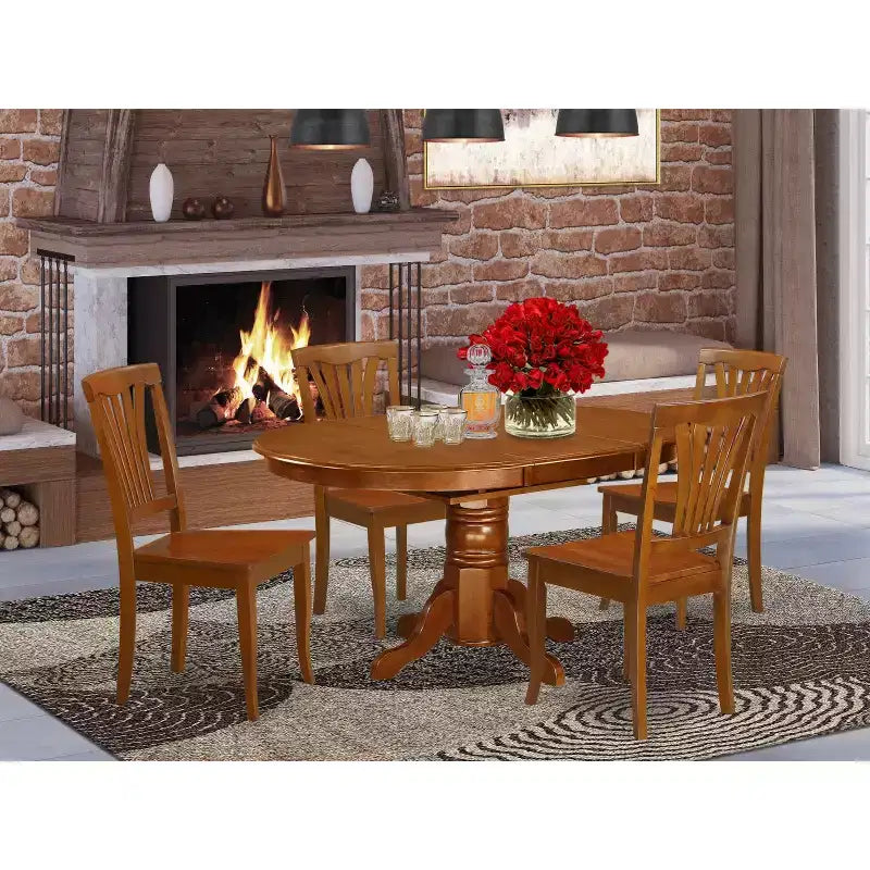 Ensemble de salle à manger ovale 5 pièces avec plateau en bois massif finition marron selle et 4 chaises avec