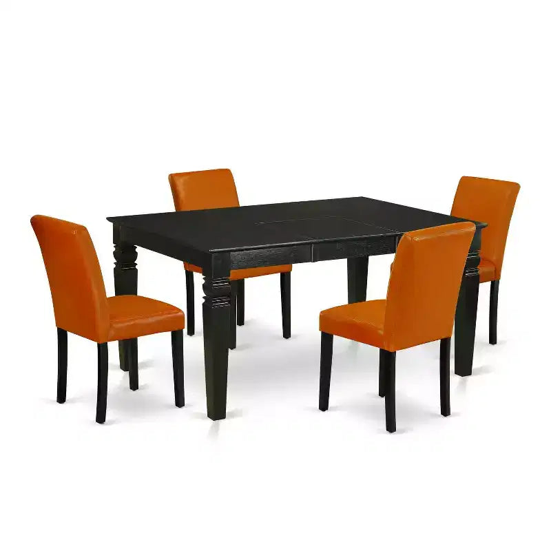 Coastal Cottage Kitchen Table Set - 5Pc Rectangle Table w/ Leaf & 4 Parsons Chairs - Black Legs