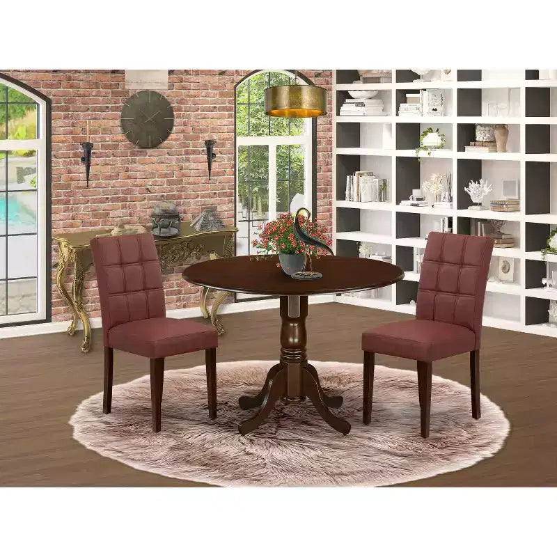 Ensemble table à manger ronde avec 2 chaises - Finition acajou, design Mid-century Modern