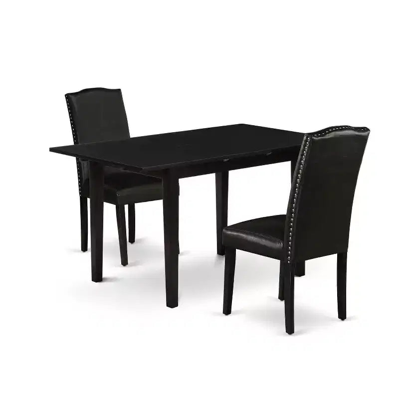 HomeStock 3-Piece Black Finish Rectangular Solid Wood Top with Butterfly Leaf Dining Table Set