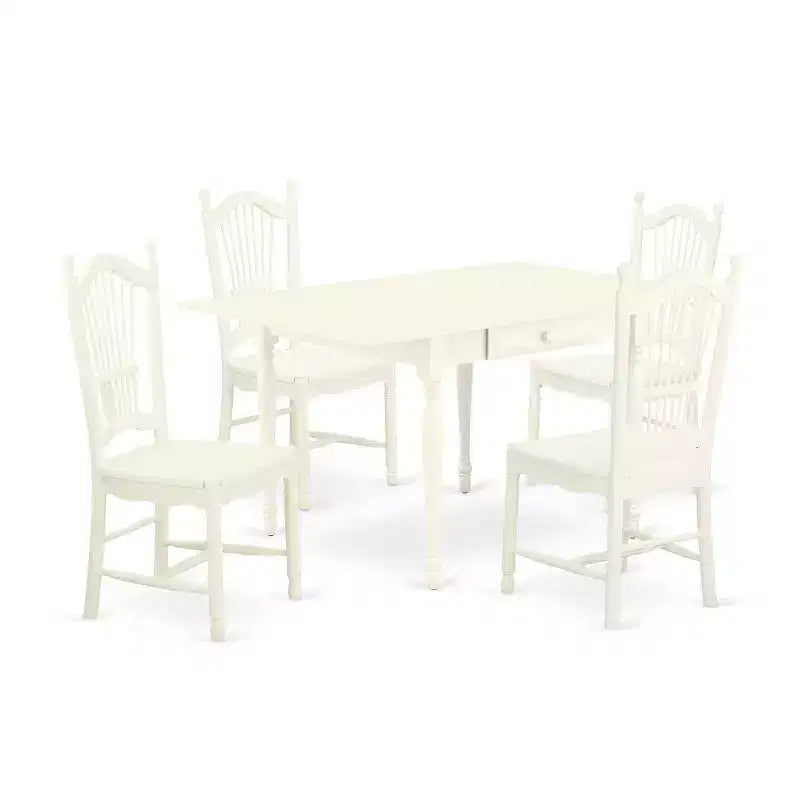 HomeStock 5-Pc Linen White Finish Solid Wood Top - Dining Room Set with Dropleaf - Seats 4