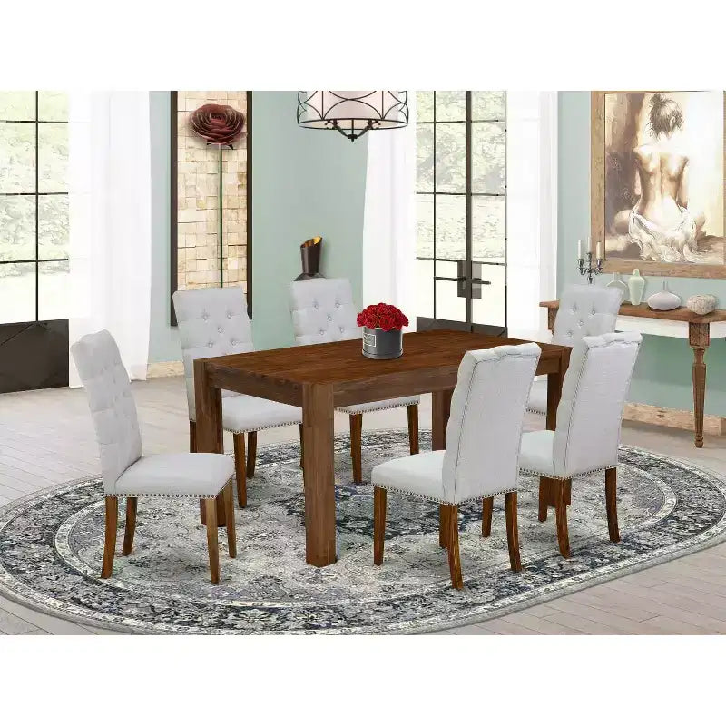 Table à manger rectangulaire en bois massif, finition chêne naturel, 7 pièces avec 6 chaises Parson