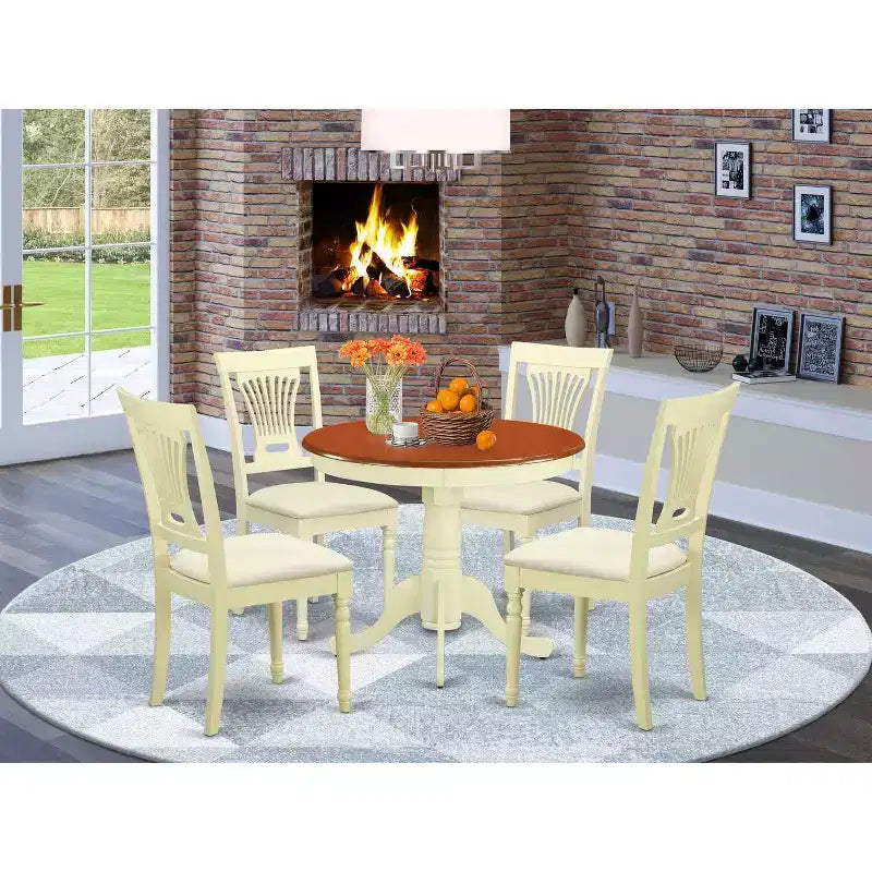Table à manger 5 pièces ronde en bois massif avec plateau fini en babeurre et cerisier, avec 4 chaises