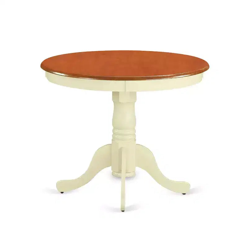 Table à manger 5 pièces ronde en bois massif avec plateau fini en babeurre et cerisier, avec 4 chaises