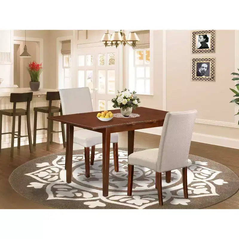 Ensemble de salle à manger méditerranéen - Table rectangulaire 3 pièces avec rallonge et 2 chaises Parsons - Tissu lin crème
