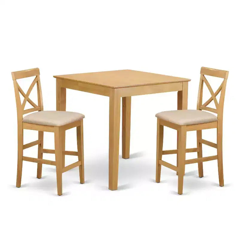 HomeStock 3-Piece Natural Brown Oak Finish Solid Wood Top Counter Height Dining Table Set
