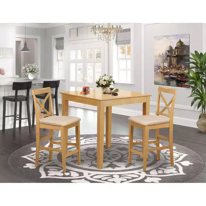 Ensemble de salle à manger 3 pièces HomeStock avec table de hauteur comptoir et plateau en bois massif finition chêne marron naturel