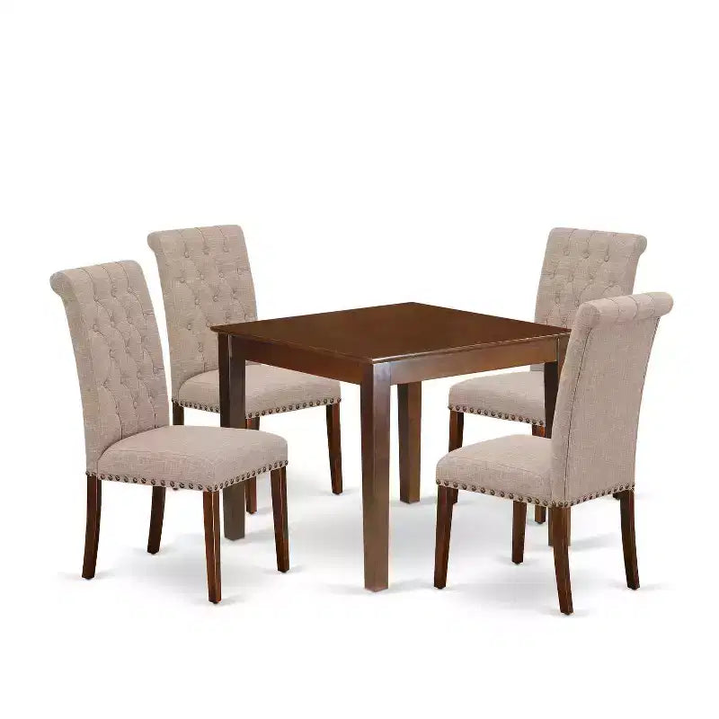 5-Piece Mahogany Finish Solid Wood Top - Square Dining Room Set - Seats 4