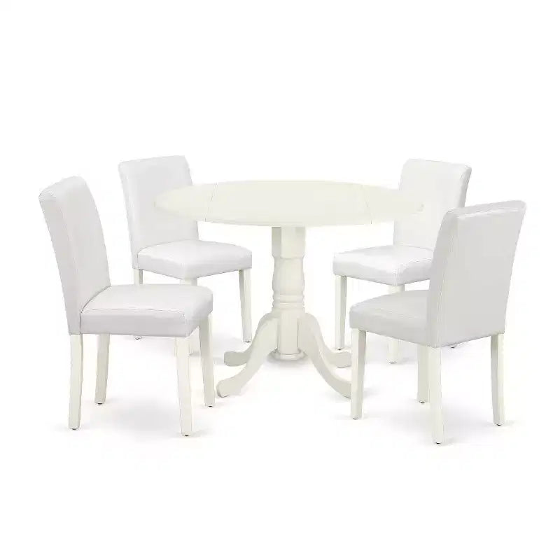 Round Kitchen Table Set 5pc 42 Table w/ Drop Leaves & 4 Parsons Chairs - White PU Leather